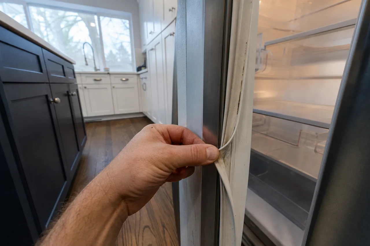 Hand pulling back the white rubber gasket on a stainless refrigerator door, dark grime in the fold, empty lit shelves inside and navy lower cabinets behind