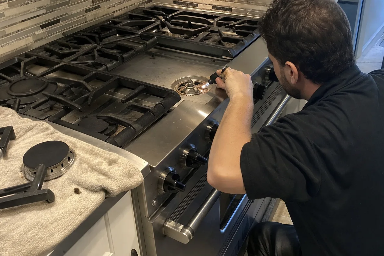 Wide mirrored view of a range standing in its cabinet opening with the cooking surface dismantled