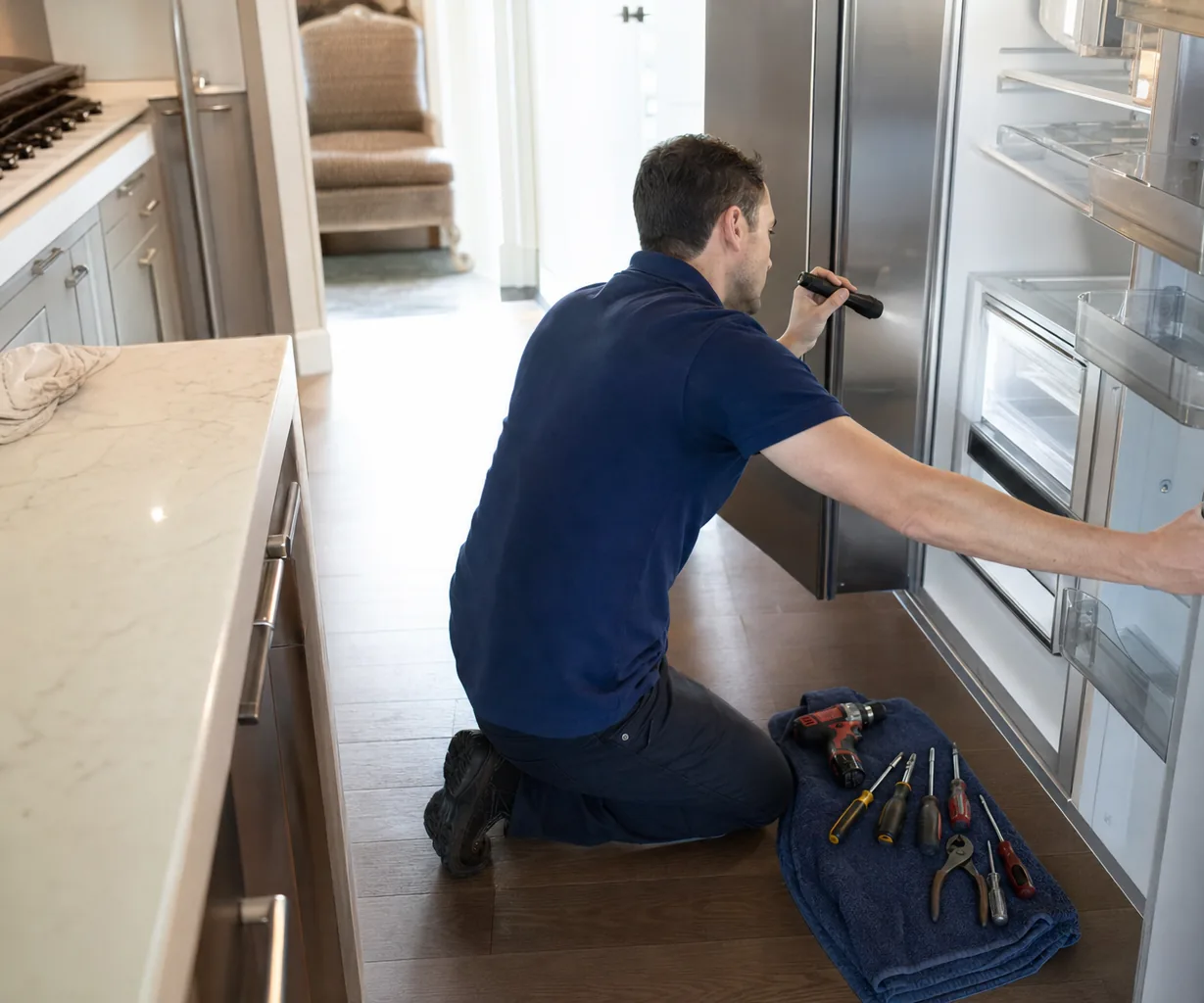 Right-hand crop of a technician working at the freezer side of an open built-in column
