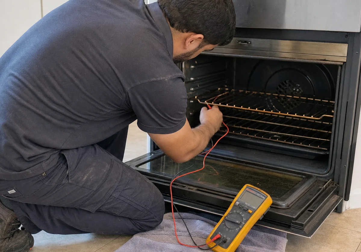 Centred frame of an appliance opened up on the kitchen floor with a tool roll and a meter within reach