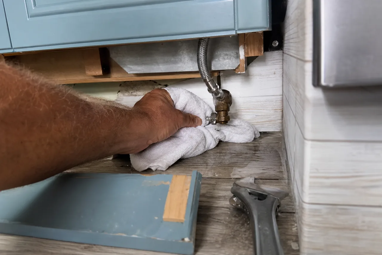 A hand presses a white towel around a brass shut-off valve and braided steel supply hose under blue cabinets, with the toe-kick panel and an adjustable wrench lying on the floor