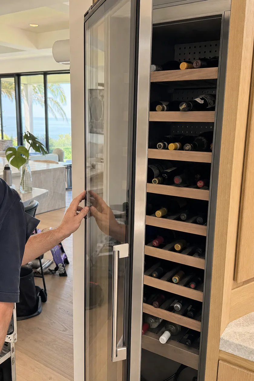 Mirrored close frame of a wine cabinet door and its racked shelves, cabinetry either side